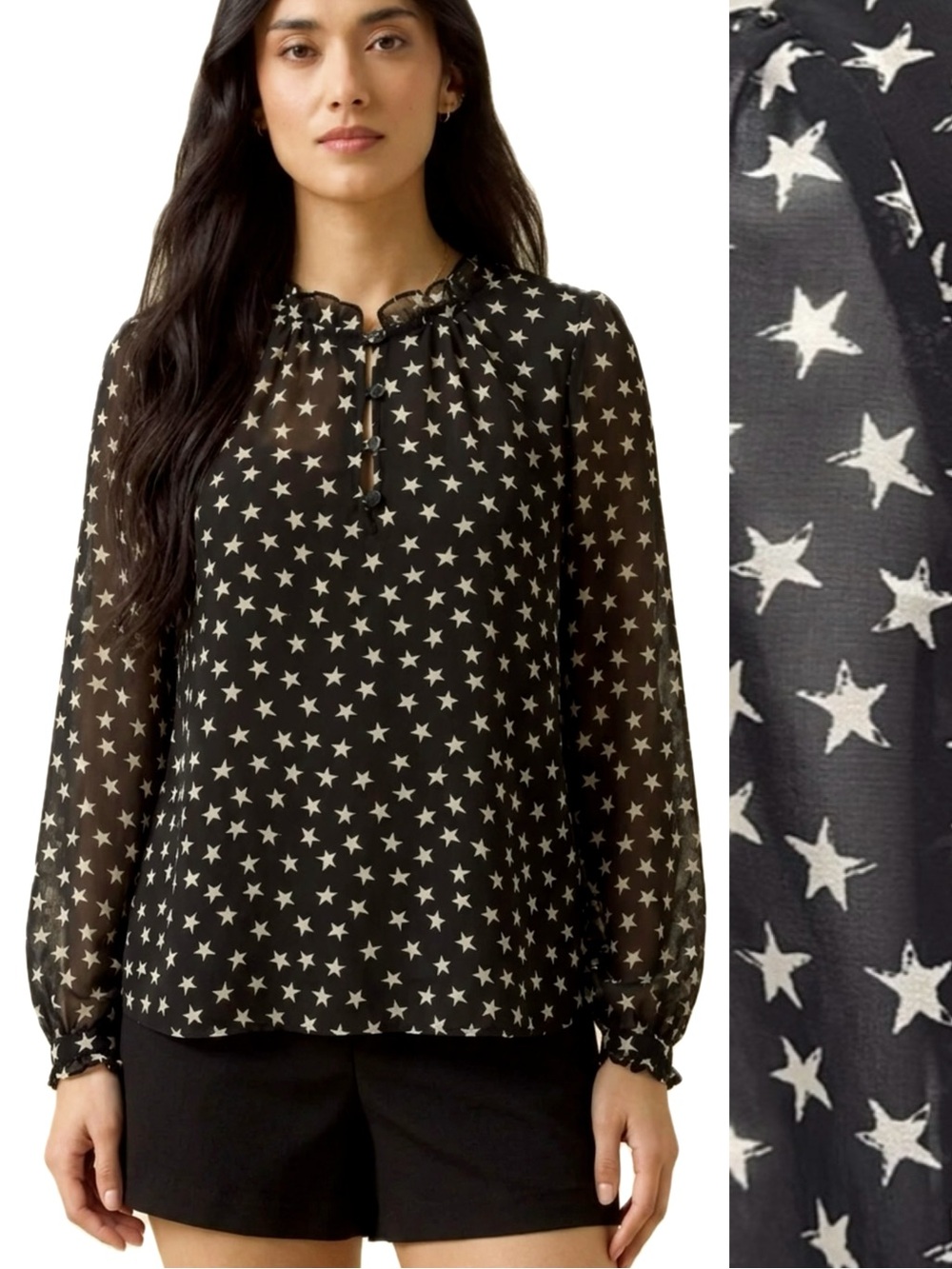 Mango MNG Black Sheer Chiffon Star Print Blouse Size 2 XS Ruffle Long Sleeve